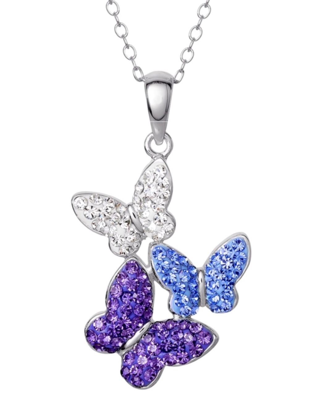 Sterling Silver Multi-Color Crystal Butterfly Pendant Necklace, 18 Inch Chain